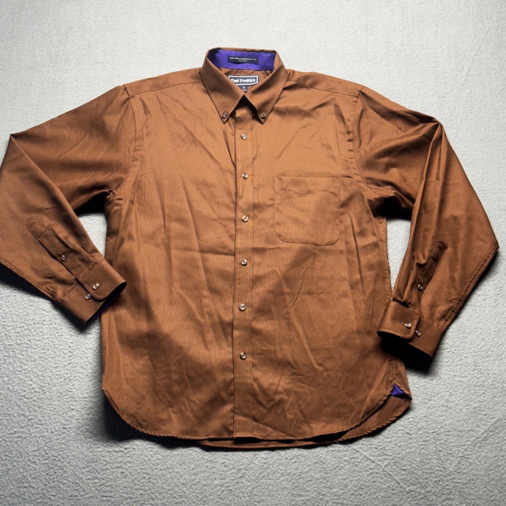 Paul Fredrick Men Slim Fit Dress Shirt Medium Brown Cotton Long Sleeve Button Up